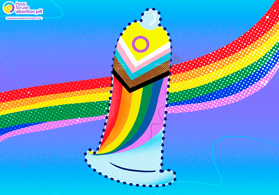 An image of a condom with inclusive rainbow colors